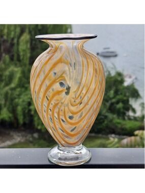 The Glass Forge Studio Art Glass Vase 2008 Signed Swirl Amber White Black Rim